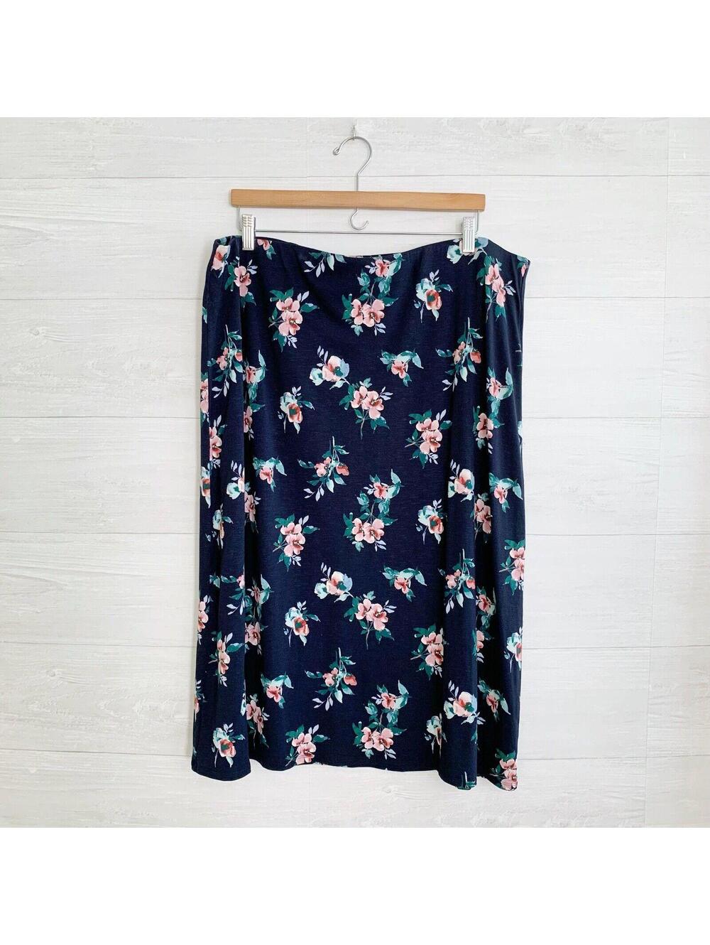 J.Jill Navy Floral Stretch Rayon Midi Skirt XL Pull On 31"
